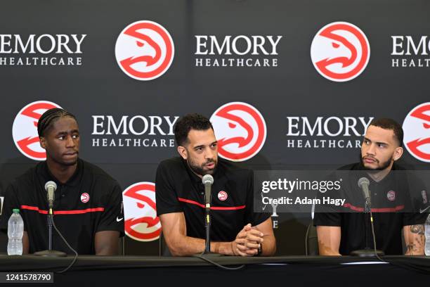 Griffin, Landry Fields, and Tyrese Martin of the Atlanta Hawks talk to the media during the Atlanta Hawks Draft Press Conference on June 27, 2022 at...