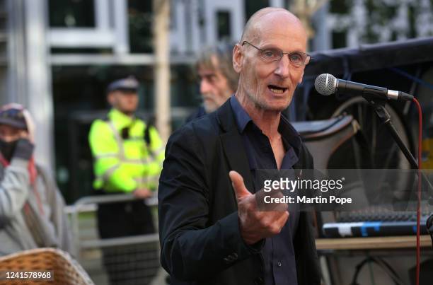 Veteran animal rights activist Mel Broughton speaks to gathered protesters outside the Home Office on June 27, 2022 in London, England. Protesters...