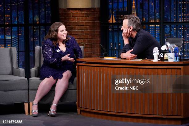 Episode 1313 -- Pictured: Actress Beanie Feldstein during an interview with host Seth Meyers on June 27, 2022 --