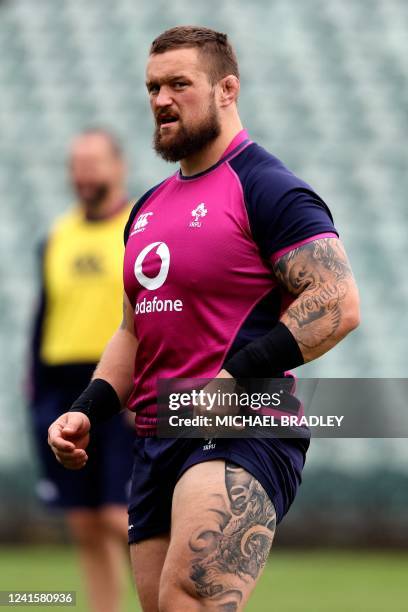 Irelands Andrew Porter looks on during the captains run at Albany Stadium in Auckland on June 28 2022, ahead of a tour match against New Zealand's...