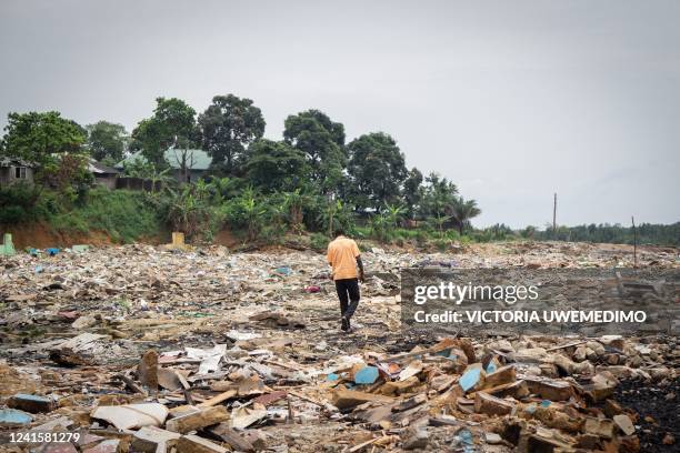 General view of the debris of dense waterfront communities that were demolished over the course of 6 days in Diobu, Port Harcourt, Nigeria, on March...