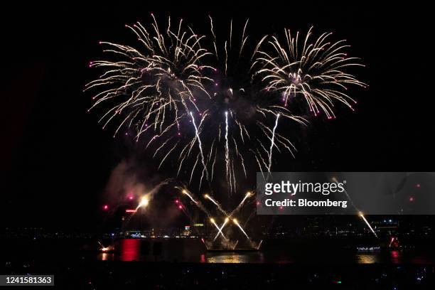 Fireworks during the Ford Motors show in Detroit, Michigan, US, on Monday, June 27, 2022. The Ford Fireworks returned for in-person viewing after...
