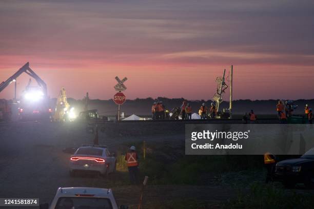 View of the site after an Amtrak train, with 243 passengers, derailed after hitting a dump truck in Missouri, United States on June 27, 2022....