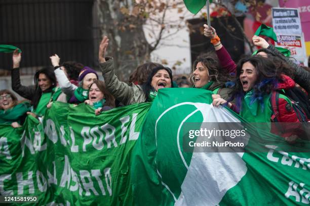Abortion rights supporters protest outside the U.S. Embassy in Buenos Aires, after the U.S. Supreme Court ruled in the Dobbs v Women's Health...