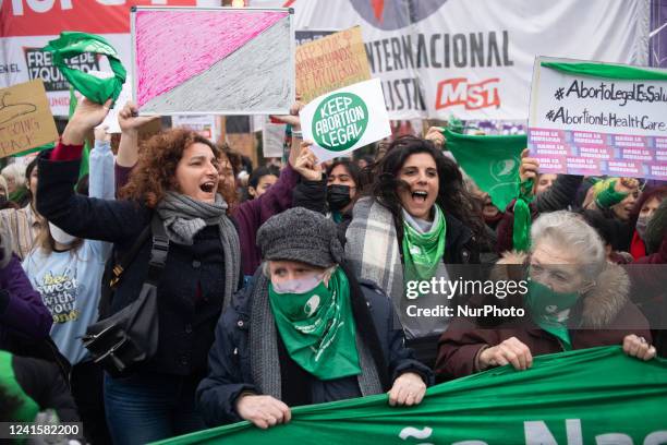 Abortion rights supporters protest outside the U.S. Embassy in Buenos Aires, after the U.S. Supreme Court ruled in the Dobbs v Women's Health...