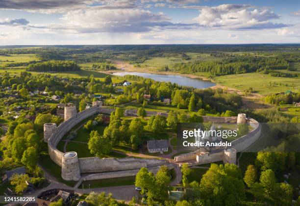 An aerial view of the Izborsk Fortress was built in 1330 as an outstanding monument of the defensive architecture of Ancient Russia in Izborsk, Pskov...