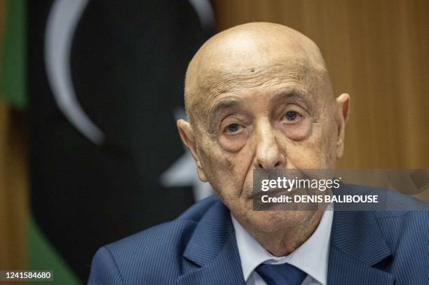 Speaker of Libyan House of Representatives Aguila Saleh gives a press conference after a high-level meeting on Libya Constitutional track at the...