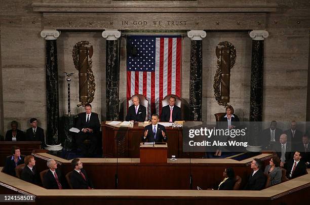 President Barack Obama, flanked by Vice President Joe Biden and Speaker of the House John Boehner addresses a Joint Session of Congress at the U.S....