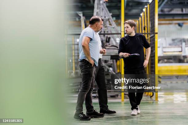Kevin Kuehnert , General Secretary of the SPD, is pictured during a visit at glass factory on June 27, 2022 in Tschernitz, Germany.