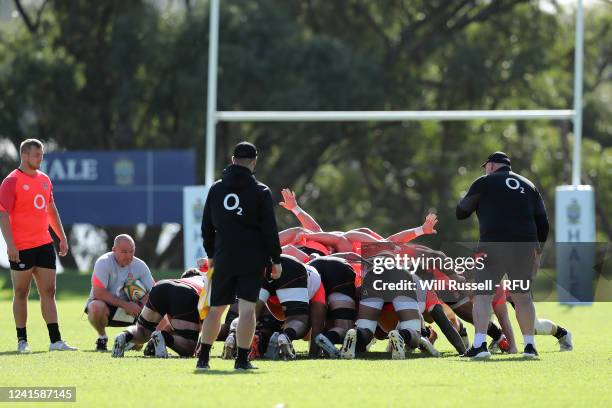 The squad practice a scrum during an England rugby squad training session at the Hale School on June 28, 2022 in Perth, Australia.