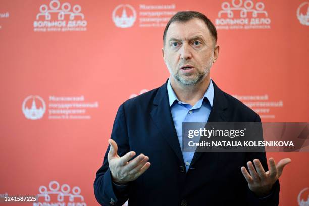 Russian oligarch Oleg Deripaska addresses media representatives during a press conference in Moscow on June 28, 2022. Russian oligarch Oleg Deripaska...