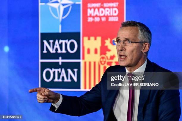 Secretary General Jens Stoltenberg delivers his opening speech on the first day of the NATO summit at the Ifema congress centre in Madrid, on June...