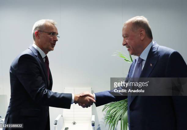 Turkish President Recep Tayyip Erdogan shakes hands with NATO Secretary-General Jens Stoltenberg as four-way talks between Turkiye, NATO, Finland,...