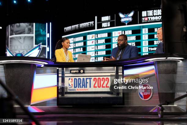 Analysts Malika Andrews, Kendrick Perkins, and Jay Bilas report on the 2022 NBA Draft on June 23, 2022 at Barclays Center in Brooklyn, New York. NOTE...