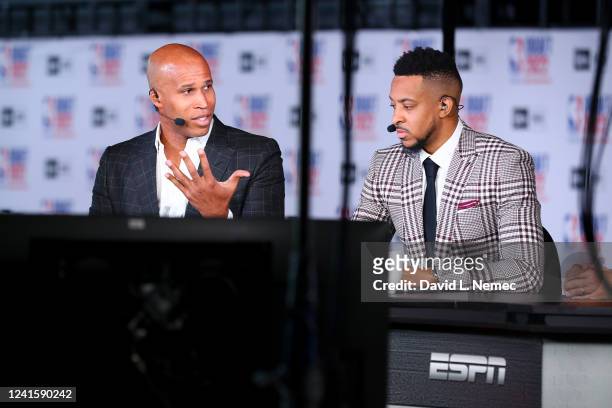 Analyst, Richard Jefferson and CJ McCollum of the New Orleans Pelicans report on the 2022 NBA Draft on June 23, 2022 at Barclays Center in Brooklyn,...