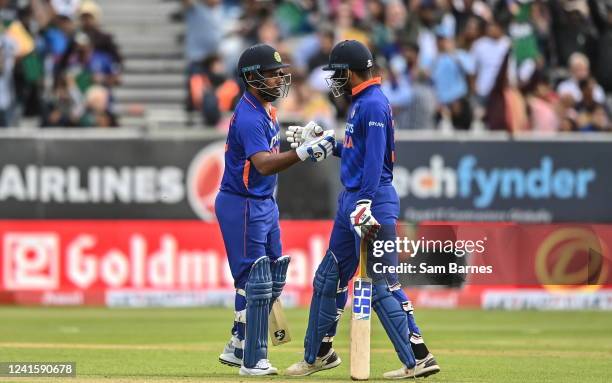 Dublin , Ireland - 28 June 2022; Sanju Samson of India, left. Is. Congratulated by Deepak Hooda after bringing up his half century during the...