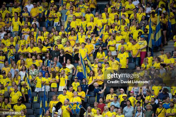 Fans of Sweden during the Women's International Friendly match between Sweden and Brazil at Friends Arena on June 28, 2022 in Solna, Sweden.