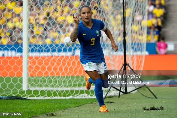 Debinha of Brazil celebrates after scoring the 0-1 goal during the Women's International Friendly match between Sweden and Brazil at Friends Arena on...