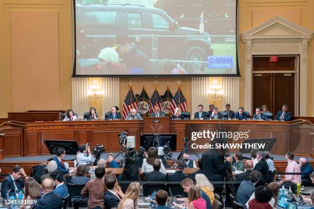 Video of President Trump's motorcade leaving the January 6th rally on the Ellipse is displayed as Cassidy Hutchinson, former Special Assistant to...