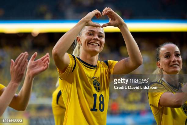 Fridolina Rolfo of Sweden celebrates after during the Women's International Friendly match between Sweden and Brazil at Friends Arena on June 28,...