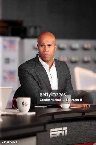 Analyst, Richard Jefferson reports on the 2022 NBA Draft on June 23, 2022 at Barclays Center in Brooklyn, New York. NOTE TO USER: User expressly...