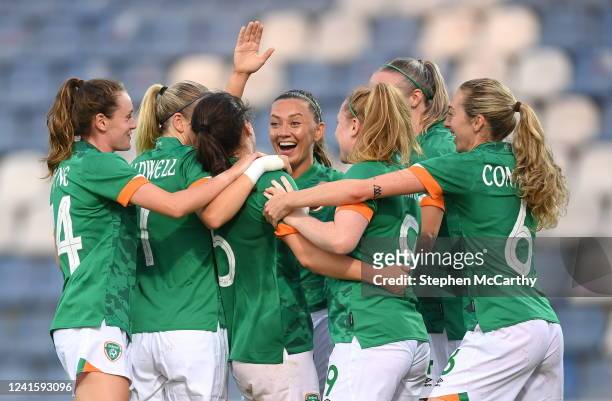 Gori , Georgia - 27 June 2022; Niamh Fahey, third from left, celebrates with Republic of Ireland team-mates, from left, Heather Payne, Diane...