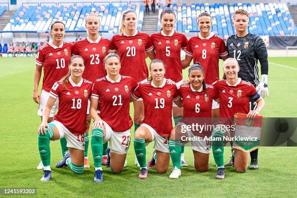 Women's Hungarian soccer national team pose to the team photo during the FIFA Women's World Cup 2023 Qualifier group B match between Ukraine and...