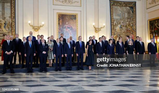 Leaders pose for a family photo with Spain's King Felipe and Queen Letizia before a Royal Gala dinner during a NATO summit in Madrid, on June 28,...