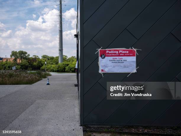 Polling place sign is seen at the No. 571 Boathouse on June 28, 2022 in Chicago, Illinois. Voters will be deciding on candidates for governor,...