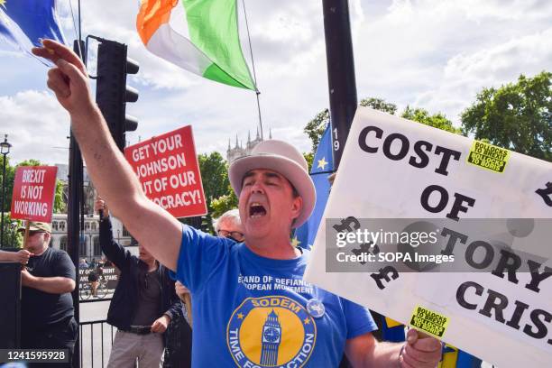 Anti-Brexit activist Steve Bray holds a placard which reads 'Cost of Tory crisis' while shouting slogans during the demonstration. Protesters...