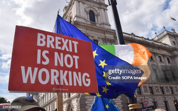 An anti-Brexit placard and EU and Ireland flags are seen during the demonstration. Protesters gathered in Parliament Square as the Police, Crime,...