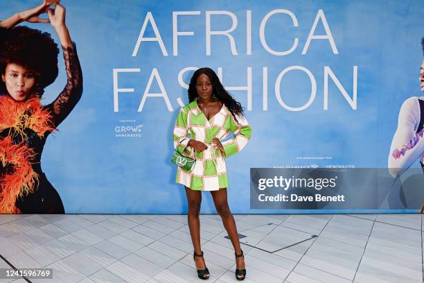 Aindrea Emelife attends the VIP opening of the Africa Fashion exhibition at Victoria and Albert Museum on June 28, 2022 in London, England. )