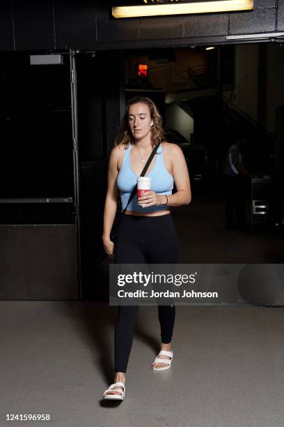 Marina Mabrey of the Dallas Wings arrives to the arena before the game against the Minnesota Lynx on June 28, 2022 at Target Center in Minneapolis,...