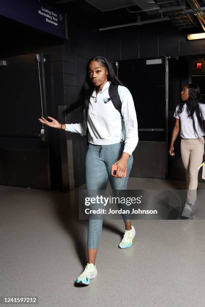 Charlie Collier of the Dallas Wings arrives to the arena before the game against the Minnesota Lynx on June 28, 2022 at Target Center in Minneapolis,...