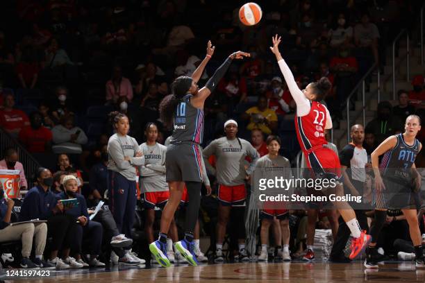Rhyne Howard of the Atlanta Dream shoots the ball during the game against the Washington Mystics on June 28, 2022 at Entertainment & Sports Arena in...
