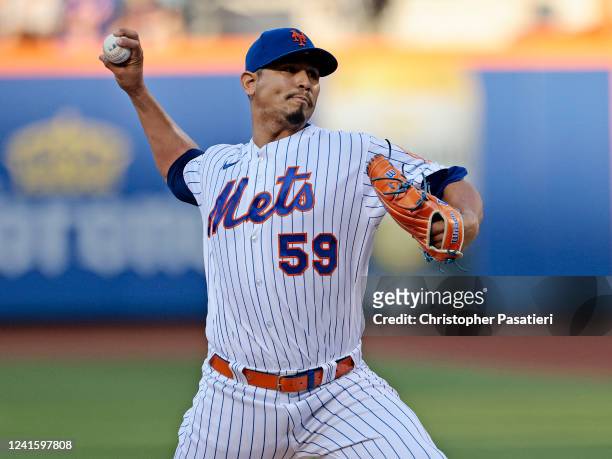 Carlos Carrasco of the New York Mets throws a pitch in the top of the first inning against the Houston Astros at Citi Field on June 28, 2022 in the...
