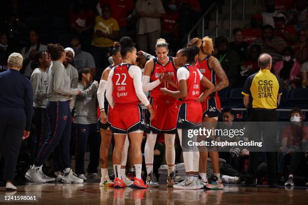 Washington Mystics huddle before the game against the Atlanta Dream on June 28, 2022 at Entertainment & Sports Arena in Washington, DC. NOTE TO USER:...