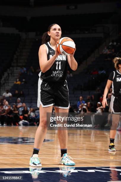 Natalie Achonwa of the Minnesota Lynx prepares to shoot a free throw during the game against the Dallas Wings on June 28, 2022 at Target Center in...