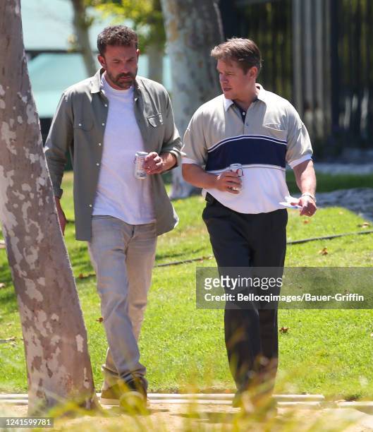 Ben Affleck and Matt Damon are seen on the set of "Untitled Nike Movie" on June 28, 2022 in Los Angeles, California.
