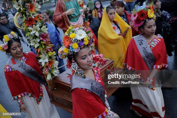 Group of women representatives as queens and princesses of the Tláhuac municipality in Mexico City, during a procession with the image of San Pedro...