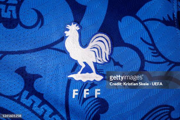 View of the badge of France during the UEFA Women's EURO 2022 Jersey Shoot at the UEFA Headquarters, The House of the European Football, on June 28,...