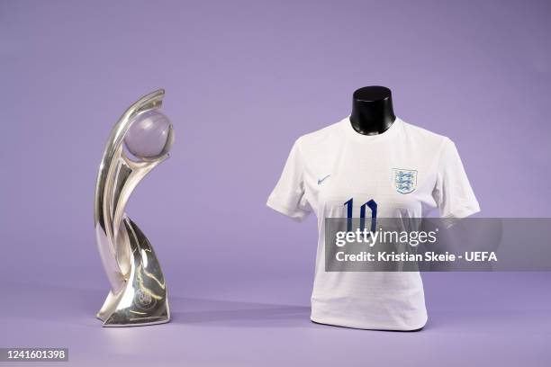 View of the England jersey on a mannequin next to the UEFA Women's EURO trophy during the UEFA Women's EURO 2022 Jersey Shoot at the UEFA...