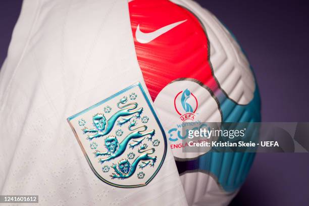 View of the England jersey over the UEFA Women's EURO 2022 match ball during the UEFA Women's EURO 2022 Jersey Shoot at the UEFA Headquarters, The...