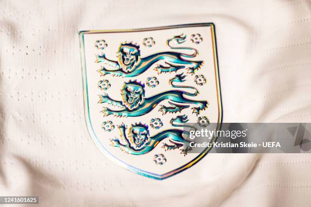 View of the badge of England during the UEFA Women's EURO 2022 Jersey Shoot at the UEFA Headquarters, The House of the European Football, on June 28,...