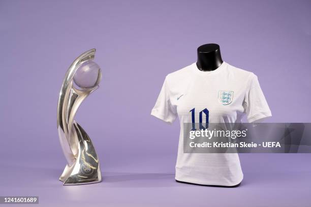 View of the England jersey on a mannequin next to the UEFA Women's EURO trophy during the UEFA Women's EURO 2022 Jersey Shoot at the UEFA...