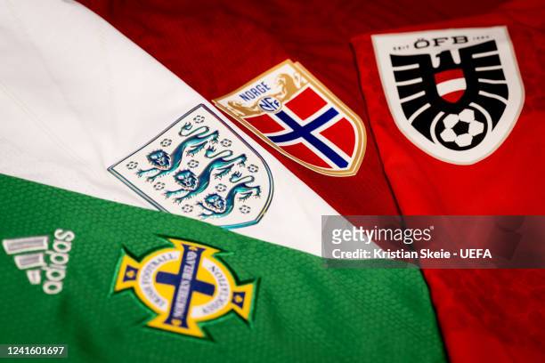 View of the bagdes of Northern Ireland, England, Norway and Austria, UEFA Women's EURO 2022 Group A teams, during the UEFA Women's EURO 2022 Jersey...