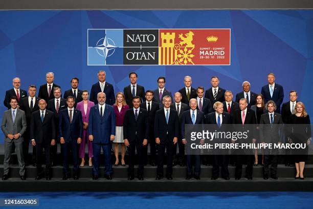Heads of State and Government pose for the official group photo during the NATO summit at the Ifema congress centre in Madrid, on June 29, 2022.