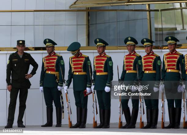 Officers of the Independent Honour Guard Battalion seen during the arrival ceremony at the Ashgabat International Airport on June 29, 2022 in...