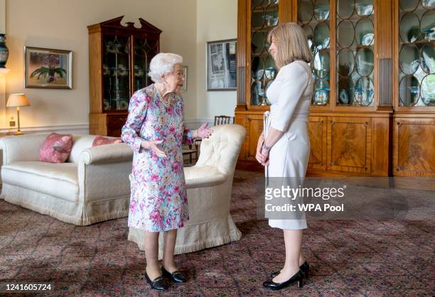 Queen Elizabeth II receives Presiding Officer of the Scottish Parliament Alison Johnstone during an audience at the Palace of Holyroodhouse in...