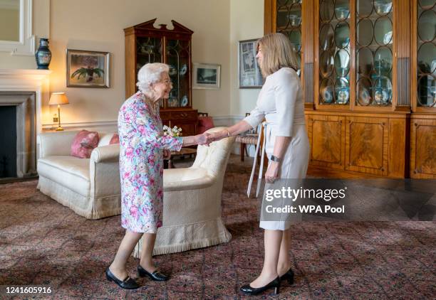 Queen Elizabeth II receives Presiding Officer of the Scottish Parliament Alison Johnstone during an audience at the Palace of Holyroodhouse in...